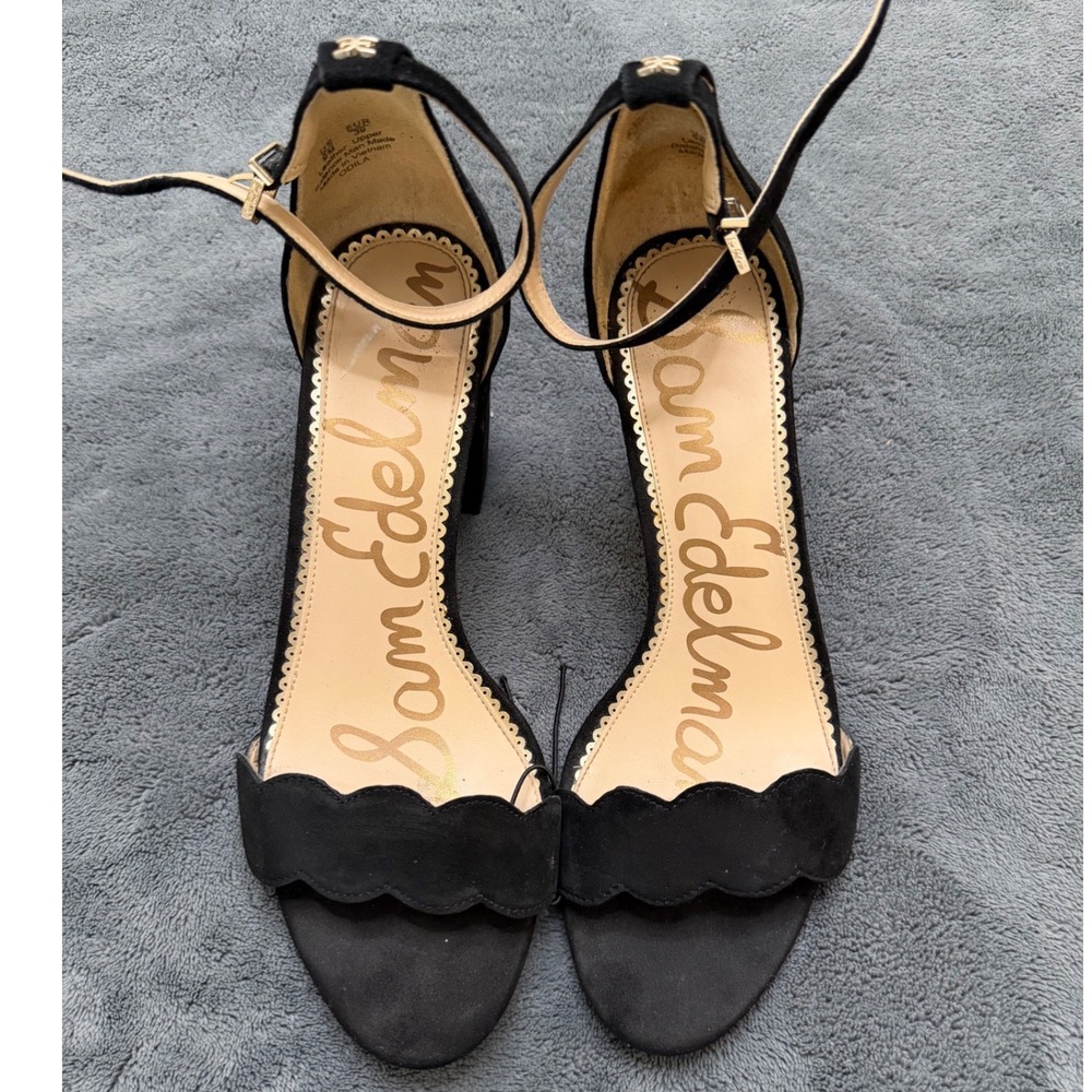 Sam Edelman Odila Sandals Women Sz 9 Black Used Scalloped Suede Block Heel Ankle